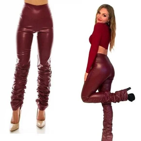Faux Leather High Waist stretch Pants Legging with ruched leg Burgundy - Picture 1 of 6